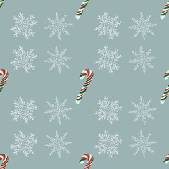 Winter seamless pattern with snowflakes, candy canes.