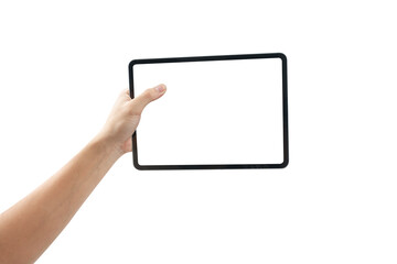 Hand holding tablet with blank screen isolated on white background