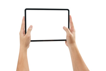 Hand holding tablet with blank screen isolated on white background
