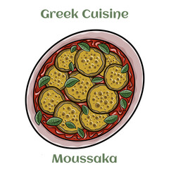 Traditional greek moussaka on white background. Isolated vector illustration.