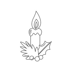 Doodle burning Christmas candle with leaves and berries Christmas cartoon decoration in flat style