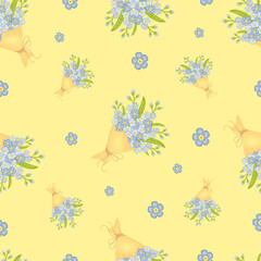 Fototapeta na wymiar Seamless pattern with bouquet of forget me not flowers on yellow background.