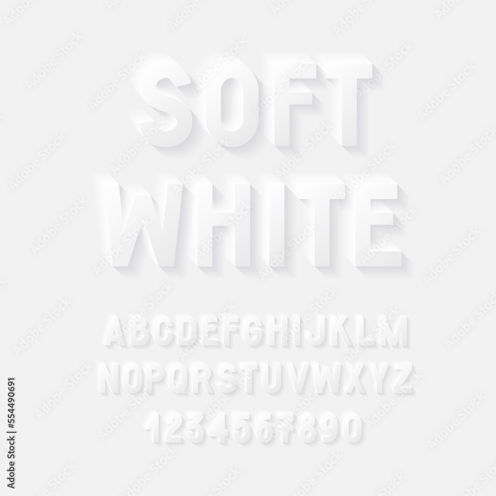 Fototapete white vector font. english letters and numbers from 0 to 9. 3d alphabet with soft shadows.