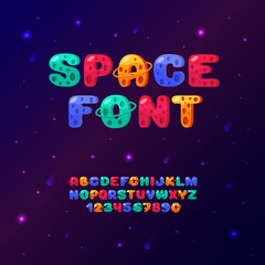 Vector cosmic alphabet with stars and comets. Kid’s font with space letters and numbers.