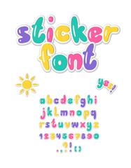 Sticker Font. Colorful childish bubble alphabet. Illustration of kids sticky letters and numbers.