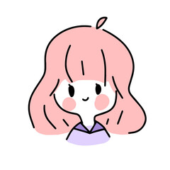 Cute colorful trendy hand drawn portrait of smiling girl with pink hair