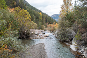 Valley of the Cerveyrette torrent flowing into Lac Pont Baldy in Briancon, Hautes-Alpes, France