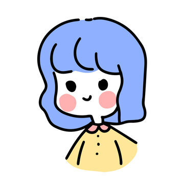 Hand drawn portrait of smiling girl with blue hair