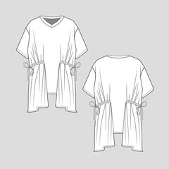 V Neck Side gathering Knotted top Side knot Short Sleeve Fashion Hem  flat sketch technical drawing  template design