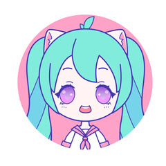 Chibi portrait of cute otaku girl with green twintails and cat ears wearing sailor fuku