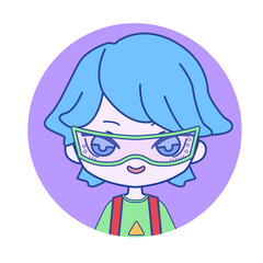 Trendy chibi portrait of cyberpunk boy with blue hair and futuristic glasses
