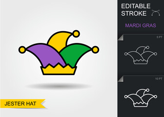 Jester hat. Line icon with editable stroke with shadow - obrazy, fototapety, plakaty