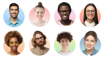 Collage of portrait and faces of group of smiling young diverse people for profile picture