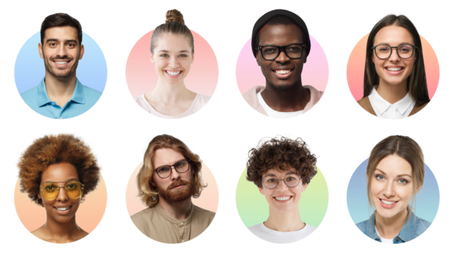 Collage of portrait and faces of group of smiling young diverse people for profile picture