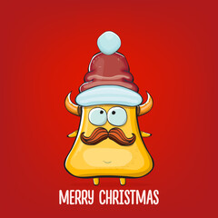 Vector cartoon funky orange monster with Santa Claus red hat isolated on red background. Funny and cute Childrens Merry Christmas greeting card with funny orange monster elf Santa Claus character.