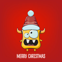 Vector cartoon funky orange monster with Santa Claus red hat isolated on red background. Funny and cute Childrens Merry Christmas greeting card with funny orange monster elf Santa Claus character.