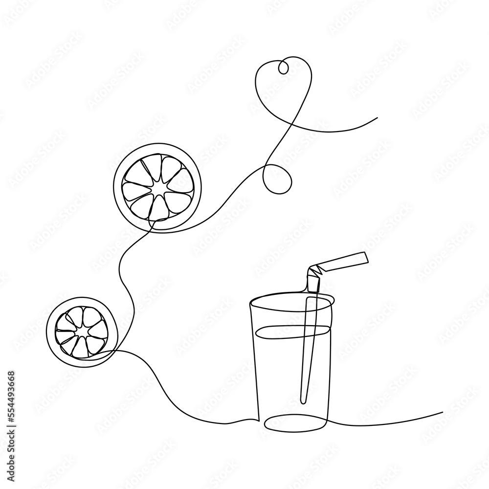 Wall mural continuous one line drawing of lemonade, ice tea with lemon. concept of beverage cafe menu. modern s