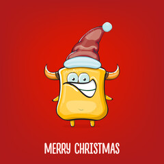 Vector cartoon funky orange monster with Santa Claus red hat isolated on red background. Funny and cute Childrens Merry Christmas greeting card with funny orange monster elf Santa Claus character.