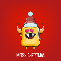 Vector cartoon funky orange monster with Santa Claus red hat isolated on red background. Funny and cute Childrens Merry Christmas greeting card with funny orange monster elf Santa Claus character.