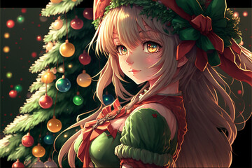 AI Generated, An anime girl with Christmas tree