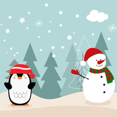 Christmas card with funny characters on a winter background