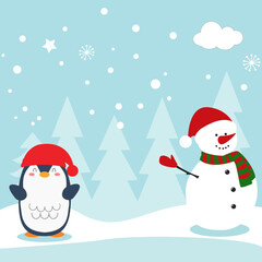 Christmas card with funny characters on a winter background