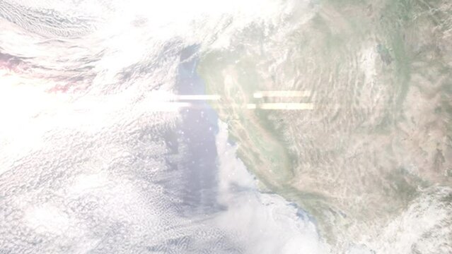 Earth zoom in from outer space to city. Zooming on Daly City, California, USA. The animation continues by zoom out through clouds and atmosphere into space. Images from NASA