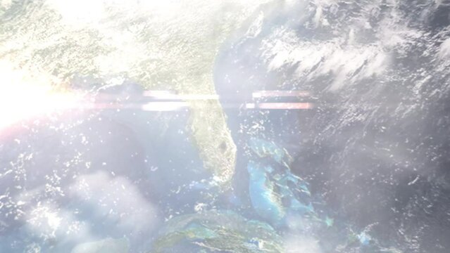 Earth zoom in from outer space to city. Zooming on Palm Bay, Florida, USA. The animation continues by zoom out through clouds and atmosphere into space. Images from NASA