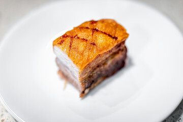 Macro closeup flat top flay lay view of cut fresh barbecue cooked baked fried pork belly fat bacon meat with crispy crunchy skin, nutritious food isolated against white plate at kitchen table