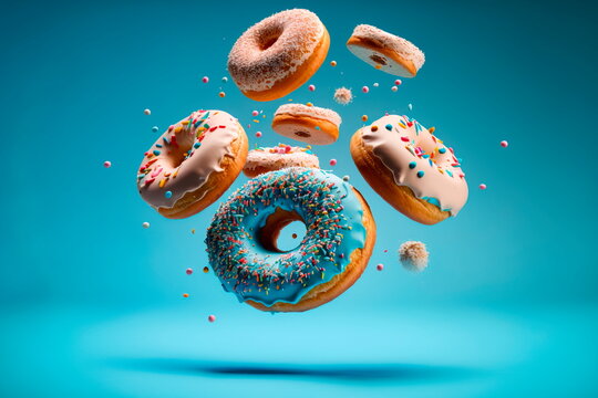 Various doughnuts isolated on blue background . Mix of multicolored sweet donuts with sprinkel on blue background