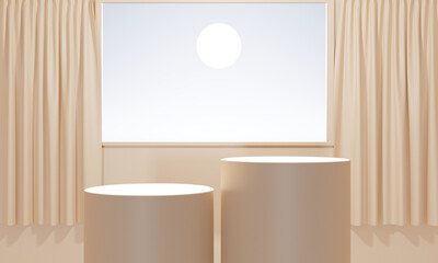 Podium product presentation displays geometric shapes mockup 3d platform pedestal on window frame background with a sunny sky and curtain, Design for a cosmetic showcase 3D render illustration