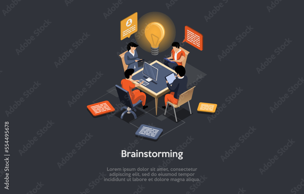Poster concept of brainstorming, effective meeting discussion and creative teamwork. team members are worki