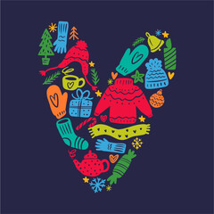Vector collection of Christmas elements and symbols in the shape of a heart, hand-drawn in the style of a doodle.