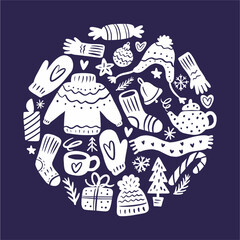 Vector collection of Christmas elements and symbols in the shape of a circle, hand-drawn in the style of a doodle.