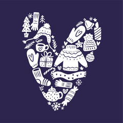 Vector collection of Christmas elements and symbols in the shape of a heart, hand-drawn in the style of a doodle.