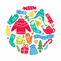 Vector collection of Christmas elements and symbols in the shape of a circle, hand-drawn in the style of a doodle.