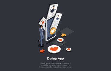 Dating App, Relationship Between Man And Woman. Boy And Girl Find Each Other Questionnaire Form In Online Application, For Date, Communication, Virtual Love. Isometric 3d Cartoon Vector Illustration