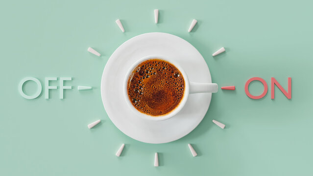 Coffee cup time clock pointing to on mode, morning, time to wake up, 3d render