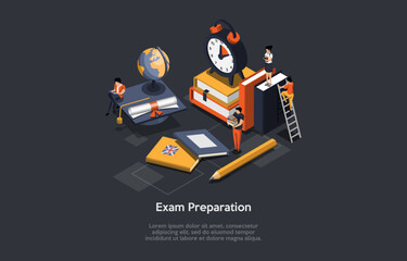 Education, Graduation Concept. Students Have Test Or Exam Preparations. Collective Distance Learning, Online Courses, Education, Questionnaire Form, Online Education. Isometric 3D Vector Illustration