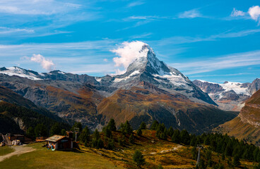 Zermatt Matterhorn with panoramic views in Sunnegga. Five lakes flowers trail. Hiking path.