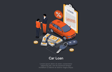 Car Loan Concept. Successful Car Purchase Transaction. Businessmen Shaking Hands. Customer Got Key From New Car From Car Dealership. Man Signs An Approved Contract. Isometric 3D Vector Illustration