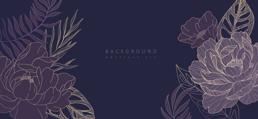 Botanical line bakground with flowers and leaves. Floral foliage for wedding invitation, wall art or card template. Vector illustration. Luxury rustic trendy art © merfin