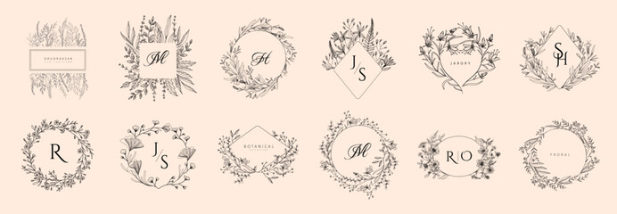 Set of golden frames, monogramm and logo, botanical floral branch. Botanical vintage foliage for wedding invitation, wall art or card template. Minimal line art drawing.