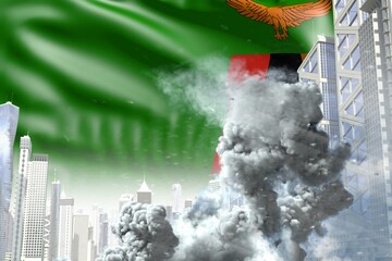 huge smoke pillar in abstract city - concept of industrial accident or act of terror on Zambia flag background, industrial 3D illustration