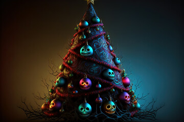 Obraz premium Árbol de Navidad con adornos de Halloween, Generado con Inteligencia Artificial. Generative AI 