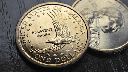 American coins closeup lie on dark surface of office table. Soaring eagle Sacagawea dollar coin. US economy and money. News about inflation and Fed rate. USA public debt and treasuries. US$. Macro