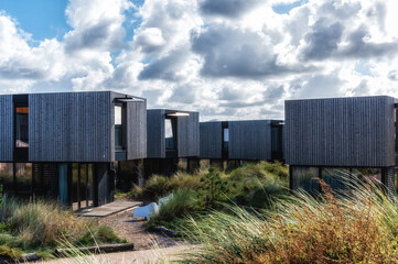 Vacation homes on the sandy beach in North Holland, Netherlands - obrazy, fototapety, plakaty