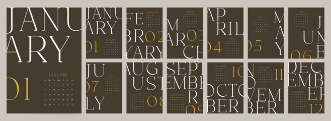 Boho elegant calendar template for 2023 year. A4 wall calendar design for 12 months. Unique monthly typography design. Vector editable decorative calendar design.  - obrazy, fototapety, plakaty