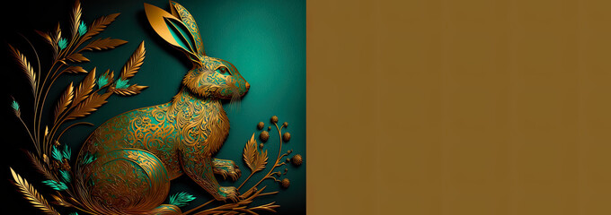 Happy new year, Chinese lunar new year, water rabbit, bunny with fireworks celebrates New year, festive, celebration, adorable, hare, illustration, generated art, teal, gold,  space for text - obrazy, fototapety, plakaty