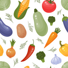 seamless pattern from fresh color vegetables. Cucumber, tomato, onion, garlic, pepper, cabbage, potato, eggplant, carrot, corn, squash, broccoli. Vector illustration. Cartoon style